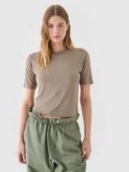 4F T-shirt slim gładki damski - brązowy L. Brązowe t-shirty 4f, l, bez wzorów, z dzianiny, sportowe, bez kołnierzyka, bez ramiączek. W wyprzedaży za 19.99 zł.
