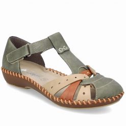 Sandały damskie komfortowe na rzepy zabudowane palce zielone Rieker M1655-54. Zielone sandały Rieker, bez wzorów, ze skóry ekologicznej, bez obcasa, bez zapięcia. Za 339.00 zł.