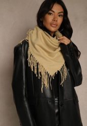 Beżowy Szalik w Kształcie Trójkąta z Frędzlami Vetifare. Brązowe szaliki i kominy Renee, bez wzorów, z jeansu, boho. Za 34.99 zł.