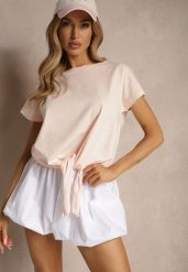 Jasnoróżowy Bawełniany T-shirt Wiązany u Dołu Sunalina. Czerwone t-shirty Renee, l, bez wzorów, z bawełny, bez kołnierzyka, bez ramiączek. W wyprzedaży za 27.99 zł.