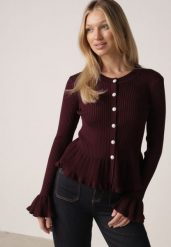 Bordowy Elegancki Kardigan z Wiskozy z Falbankami i Guzikami z Cyrkoniami Orsea. Czerwone swetry Born2be, z aplikacjami, z jeansu, eleganckie, bez ramiączek. Za 119.99 zł.