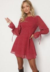 Bordowa Rozkloszowana Sukienka Vices z Bufiastymi Rękawami w Kropki Eriane. Czerwone sukienki Born2be, na co dzień, l, bez wzorów, eleganckie, bez kołnierzyka, bez ramiączek, mini, proste. Za 109.99 zł.