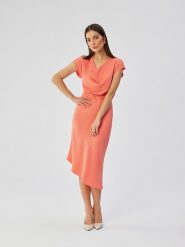 Stylove Sukienka w kolorze pomarańczowym rozmiar: S. Pomarańczowe sukienki Stylove, s, bez wzorów, z tkaniny, z asymetrycznym kołnierzem, bez ramiączek, midi, asymetryczne. Za 261.05 zł.