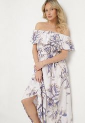 Niebiesko-Biała Sukienka Hiszpanka o Rozkloszowanym Kroju z Wiązanym Paskiem Sesiniela. Niebieskie sukienki Born2be, na co dzień, l, bez wzorów, eleganckie, bez kołnierzyka, bez ramiączek, maxi, rozkloszowane. Za 89.99 zł.