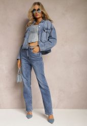 Granatowe Jeansy High Waist z Prostymi Nogawkami Azelie. Niebieskie jeansy Renee, s, bez wzorów, z jeansu, z podwyższonym stanem. W wyprzedaży za 50.99 zł.