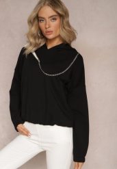 Czarna Asymetryczna Bluza z Bawełny z Kapturem i Ozdobnym Suwakiem Lueur. Czarne bluzy Renee, bez wzorów, z bawełny, z kapturem. W wyprzedaży za 23.99 zł.