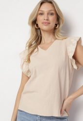 Beżowa Bluzka Bawełniana z Haftowaną Falbanką Przy Ramionach Lorabis. Brązowe bluzki Born2be, m, z aplikacjami, z bawełny, eleganckie, bez kołnierzyka, bez ramiączek. Za 79.99 zł.