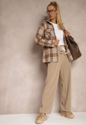 Beżowe Prążkowane Spodnie Szerokie High Waist z Troczkiem w Pasie Saivine. Brązowe jeansy Renee, bez wzorów, z bawełny, biznesowe, z podwyższonym stanem, długie. W wyprzedaży za 39.99 zł.