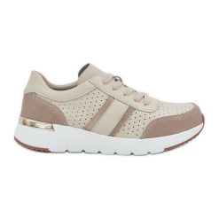 Skórzane Lekkie Sneakersy Buty Sportowe Damskie Beżowe beżowy. Brązowe buty treningowe bez wzorów, ze skóry, bez zapięcia. Za 267.69 zł.