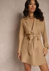 Ciemnobeżowa Marynarka Sukienkowa z Usztywnioną Linią Ramion Wiązana w Talii Equintina. Brązowe marynarki i żakiety Renee, l, bez wzorów, biznesowe, bez ramiączek. Za 119.99 zł.