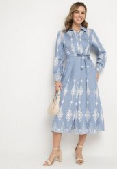 Niebieska Koszulowa Sukienka z Wiskozą i Paskiem w Abstrakcyjny Wzór Folaria. Niebieskie sukienki Born2be, na co dzień, l, bez wzorów, z wiskozy, eleganckie, bez kołnierzyka, bez ramiączek, maxi, koszulowe. W wyprzedaży za 101.99 zł.