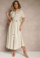 Beżowa Sukienka z Lnu i Wiskozy o Koszulowym Fasonie Weolara. Brązowe sukienki Renee, na spotkanie biznesowe, l, bez wzorów, z materiału, eleganckie, bez kołnierzyka, bez ramiączek, maxi, dopasowane. Za 139.99 zł.