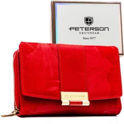 Portfel damski wykonany ze skóry ekologicznej w czerwonym kolorze w delikatne kwiaty - Peterson. Czerwone portfele Peterson, bez wzorów, ze skóry ekologicznej. Za 69.99 zł.