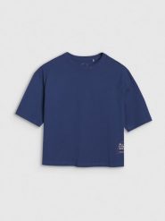 4F T-shirt oversize z nadrukiem damski - granatowy XS. Niebieskie t-shirty 4f, xs, bez wzorów, z bawełny, klasyczne, bez kołnierzyka, bez ramiączek. W wyprzedaży za 39.99 zł.