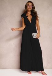 Czarny Taliowany Koktajlowy Kombinezon z Szerokimi Nogawkami Ozdobiony Falbanami Gealfrea. Czarne sukienki Renee, na imprezę, m, bez wzorów, eleganckie, bez kołnierzyka, bez ramiączek. Za 189.99 zł.