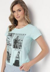 Miętowy Bawełniany T-shirt z Nadrukiem i Brokatem Kruita. Zielone t-shirty Born2be, l, bez wzorów, z bawełny, bez kołnierzyka, bez ramiączek. Za 69.99 zł.