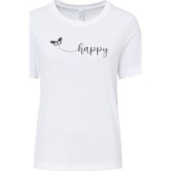 T-shirt z czystej bawełny z nadrukiem. Niebieskie t-shirty bonprix, bez wzorów, z bawełny, bez kołnierzyka, bez ramiączek. Za 37.99 zł.
