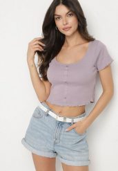 Fioletowy Bawełniany T-shirt o Dopasowanym Kroju z Guzikami Filareina. Fioletowe t-shirty Born2be, l, bez wzorów, z bawełny, eleganckie, bez kołnierzyka, bez ramiączek. W wyprzedaży za 33.99 zł.