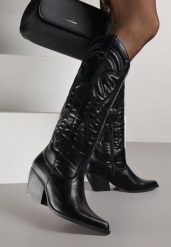Czarne Kozaki Kowbojki na Stożkowym Obcasie Zdobione Przeszyciami Lumifera. Czarne kozaki Renee, z aplikacjami, klasyczne, bez obcasa, na obcasie, bez zapięcia. Za 149.99 zł.