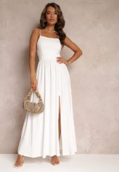 Biała Rozkloszowana Sukienka Maxi na Cienkich Ramiączkach z Rozporkiem Weslyn. Białe sukienki Renee, l, bez wzorów, bez kołnierzyka, bez ramiączek, maxi, rozkloszowane. Za 149.99 zł.