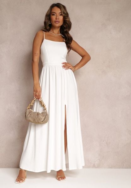 Biała Rozkloszowana Sukienka Maxi na Cienkich Ramiączkach z Rozporkiem Weslyn. Białe sukienki Renee, l, bez wzorów, bez kołnierzyka, bez ramiączek, maxi, rozkloszowane. Za 149.99 zł.