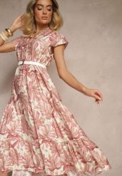 Ciemnoróżowa Rozkloszowana Sukienka z Wiskozą Zdobiona Roślinnym Printem Galmoi. Czerwone sukienki Renee, na imprezę, l, z aplikacjami, z wiskozy, eleganckie, bez kołnierzyka, bez ramiączek, midi, rozkloszowane. W wyprzedaży za 76.99 zł.