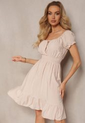 Beżowa Sukienka z Wiskozy z Gumkami w Talii i Dekoltem ze Ściągaczem Tiimazela. Brązowe sukienki Renee, na co dzień, l, bez wzorów, z wiskozy, eleganckie, bez kołnierzyka, bez ramiączek, mini, kopertowe. W wyprzedaży za 47.99 zł.