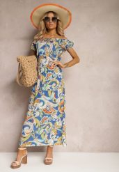 Niebieska Sukienka na Lato z Bawełny w Stylu Boho Hiszpanki Lenadia. Niebieskie sukienki Renee, l, bez wzorów, z bawełny, boho, bez kołnierzyka, bez ramiączek. W wyprzedaży za 43.99 zł.