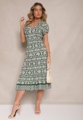 Zielona Rozkloszowana Sukienka z Bawełny w Print Paisley Lanarisa. Zielone sukienki Renee, na co dzień, l, bez wzorów, z bawełny, eleganckie, bez kołnierzyka, bez ramiączek, midi, rozkloszowane. W wyprzedaży za 39.99 zł.