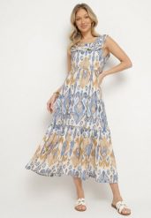 Niebieska Rozkloszowana Sukienka z Wiskozą Wiązana na Plecach w Print Boho Turielia. Niebieskie sukienki Born2be, na spacer, l, bez wzorów, z wiskozy, boho, bez kołnierzyka, bez ramiączek, maxi, rozkloszowane. Za 89.99 zł.