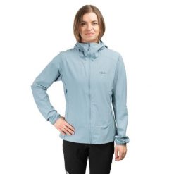 Kurtka softshell damska Borealis Hoody Women. Niebieskie kurtki przejściowe sportowe RAB, bez wzorów, z softshellu, z kapturem, trekkingowe. Za 539.99 zł.