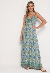 Zielono-Niebieska Wiskozowa Sukienka Boho na Ramiączkach z Gumką w Pasie Elorea. Zielone sukienki Born2be, m, bez wzorów, z materiału, boho, bez kołnierzyka, bez ramiączek, maxi. W wyprzedaży za 50.99 zł.