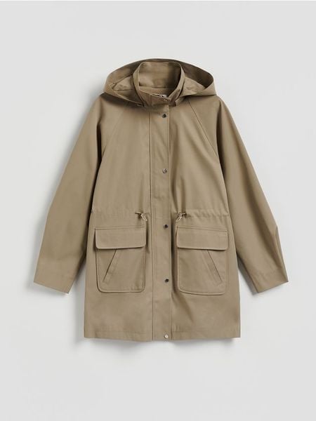 Kurtka parka z kapturem - jasnozielony. Zielone kurtki Reserved, l, bez wzorów, z tkaniny, z kapturem. W wyprzedaży za 139.99 zł.