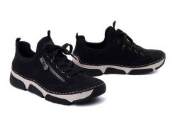 RIEKER 45973-00 black, półbuty damskie. Czarne półbuty wsuwane Rieker, bez wzorów, bez obcasa. Za 359.90 zł.