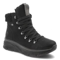 Botki damskie Rieker, antistress na grubej podeszwie ocieplane futerkiem i na suwak, czarne, 48034-00-Black. Czarne botki Rieker, bez wzorów, z materiału, klasyczne, przed kolano, bez obcasa, bez zapięcia. Za 309.00 zł.