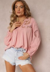 Różowa Bluzka Wiązana na Plecach z Ażurowym Haftem z Wiskozy Conleia. Czerwone bluzki Renee, s, w ażurowe wzory, z wiskozy, boho, bez kołnierzyka, bez ramiączek. W wyprzedaży za 111.99 zł.