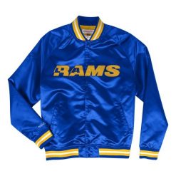 Lekka satynowa kurtka Los Angeles Rams. Niebieskie kurtki Mitchell & Ness, s, bez wzorów, z dżerseju, bez kaptura. Za 486.00 zł.
