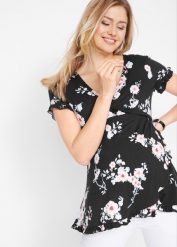 Wiskozowa tunika 2 w 1 ciążowa i do karmienia. Czarne tuniki bonprix, z aplikacjami, z wiskozy, klasyczne, bez kołnierzyka, bez ramiączek. Za 124.99 zł.