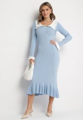 Jasnoniebieska Dzianinowa Sukienka Retro z Wiskozą z Kołnierzykiem i Falbanami Hanlira. Niebieskie sukienki Born2be, m, bez wzorów, z dzianiny, klasyczne, bez kołnierzyka, bez ramiączek, maxi. W wyprzedaży za 135.99 zł.