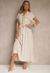 Beżowa Koszulowa Sukienka z Krótkim Rękawem Wiązana w Talii Nalumea. Brązowe sukienki Renee, na co dzień, m, bez wzorów, eleganckie, bez kołnierzyka, bez ramiączek, maxi, koszulowe. W wyprzedaży za 63.99 zł.