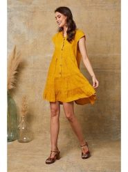 Fleur de Lin Lniana sukienka "Deka" w kolorze musztardowym rozmiar: XL. Żółte sukienki Fleur de Lin, xl, bez wzorów, ze lnu, bez kołnierzyka, bez ramiączek, mini. Za 154.07 zł.