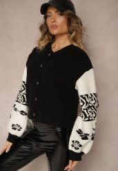 Czarny Kardigan z Wiskozy na Guziki Ozdobiony Geometrycznym Wzorem Nelaya. Czarne swetry Renee, uniwersalny, bez wzorów, z wiskozy, biznesowe, bez ramiączek. W wyprzedaży za 95.99 zł.