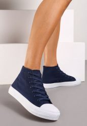 Granatowe Trampki z Wysoką Cholewką i Sznurowaniami Relagia. Niebieskie trampki Renee, bez wzorów, z jeansu, eleganckie, przed kolano, bez zapięcia. W wyprzedaży za 19.99 zł.