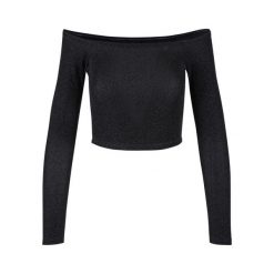Cekinowy sweter damski z długim rękawem i odkrytymi ramionami Urban Classics. Czarne swetry Urban Classics, na zimę, bez wzorów, z materiału, bez ramiączek. Za 152.50 zł.