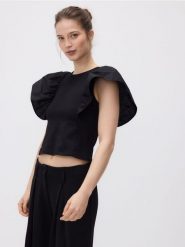 Bluzka z falbankami - czarny. Czarne bluzki Reserved, l, bez wzorów, z bawełny, bez kołnierzyka, bez ramiączek. W wyprzedaży za 59.99 zł.