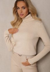 Beżowy Klasyczny Golf z Domieszką Wełny Zoziona. Brązowe swetry Renee, bez wzorów, z jeansu, biznesowe, bez ramiączek. W wyprzedaży za 79.99 zł.