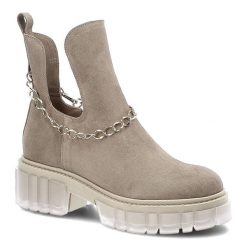 Botki damskie Lemar, miękka zamszowa cholewka masywna podeszwa z transparentnym akcentem i wycięcem po bokach, taupe, 30065-W. Brązowe botki Lemar, bez wzorów, z zamszu, eleganckie, bez obcasa, bez zapięcia. Za 269.00 zł.