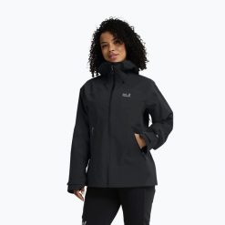 Kurtka przeciwdeszczowa damska Jack Wolfskin Rockpaw 3L. Czarne kurtki Jack Wolfskin, l, bez wzorów, z materiału, bez kaptura. Za 949.99 zł.