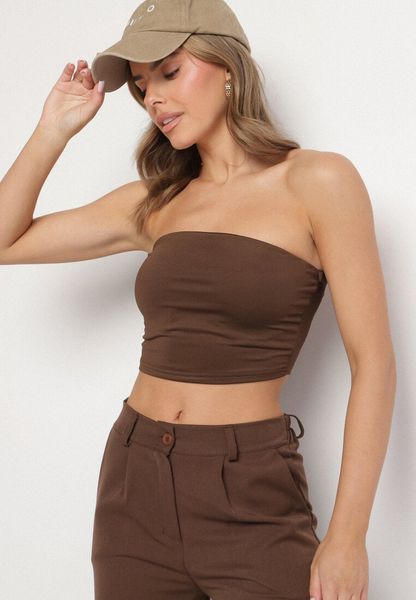 Brązowy Dopasowany Top z Gumką na Plecach Arohia. Brązowe topy Born2be, l, bez wzorów, bez kołnierzyka, bez ramiączek. Za 69.99 zł.