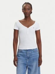 Tommy Jeans T-Shirt Henley DW0DW20902 Biały Slim Fit. Białe t-shirty Tommy Jeans, m, bez wzorów, z bawełny, bez kołnierzyka, bez ramiączek. Za 169.99 zł.